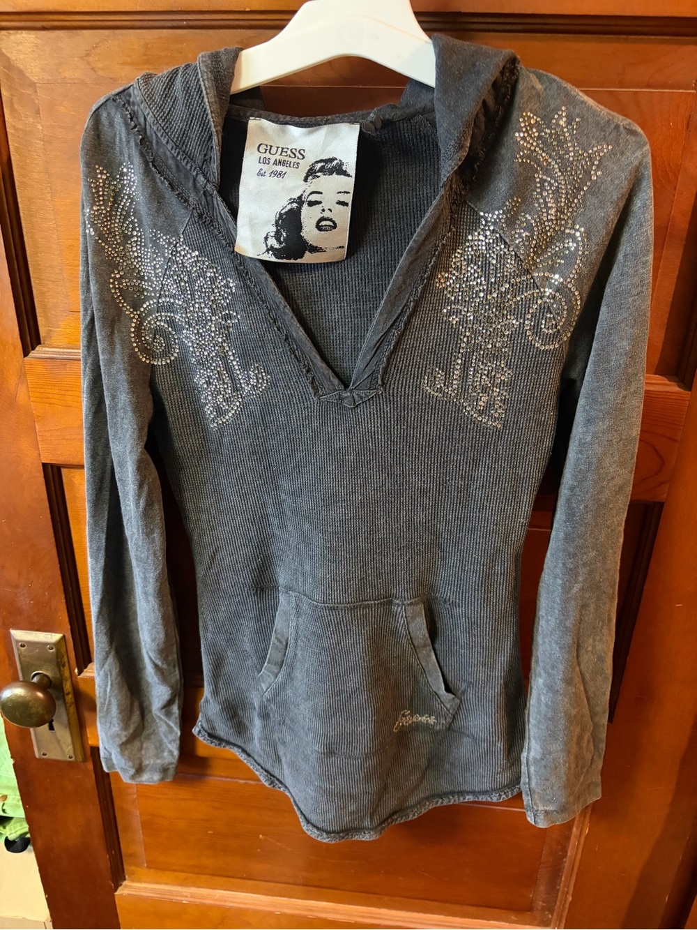 GUESS Gray Rhinestone Hooded V-Neck Sweatshirt